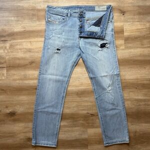 Diesel Buster Jeans Men 34x28 Blue Slim Tapered Stretch Light Wash Destroyed